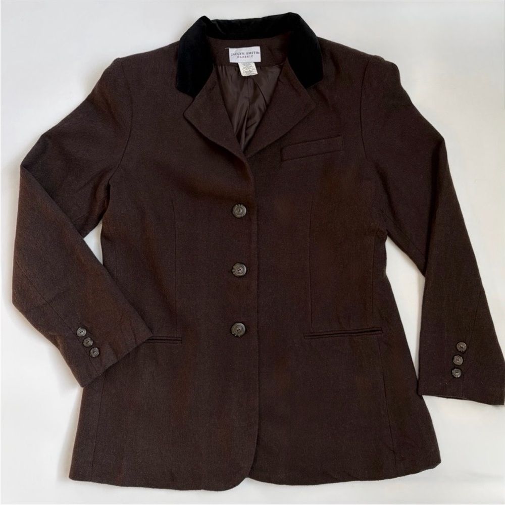 Vintage Brown Wool Blazer Black Velvet Collar Tailored Dark Academia S/M
